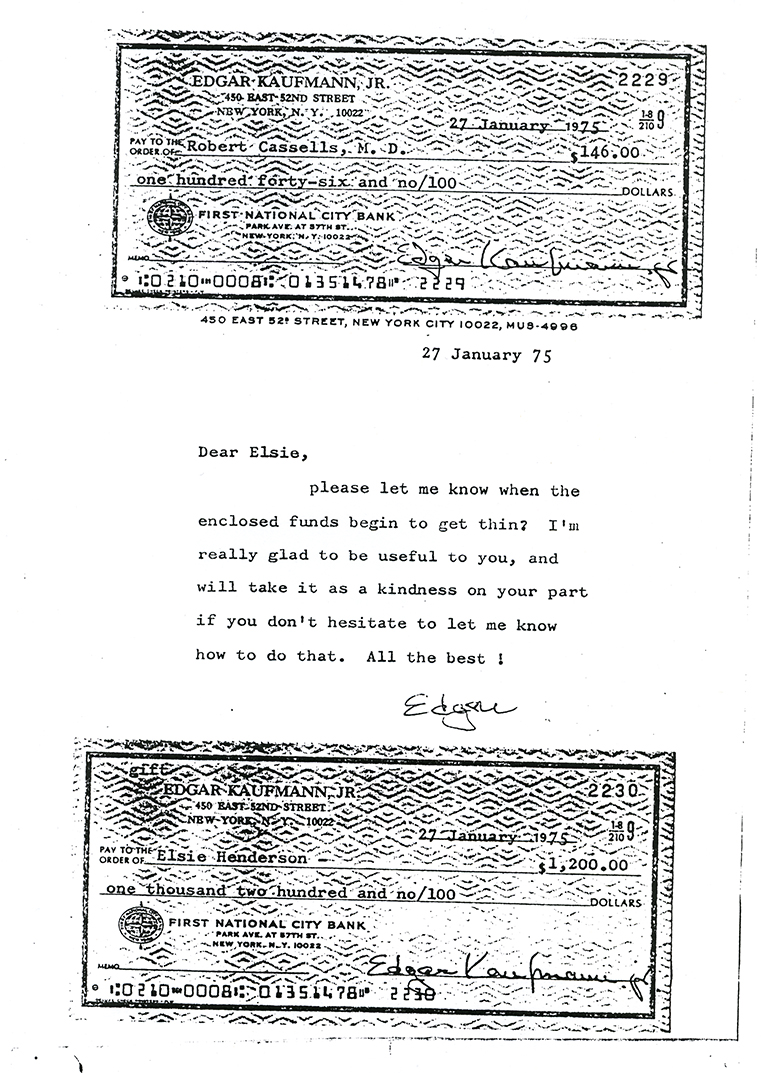 A scan of the checks and short note that Edgar Kaufmann, Jr. sent Elsie Henderson for support after her retirement. Elsie Henderson Papers and Photographs, Detre Library & Archives, Heinz History Center.