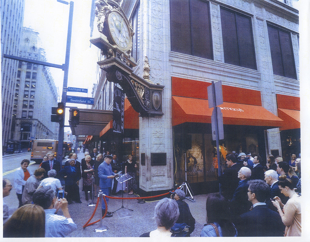 Henderson (lower left corner wearing blue) is celebrated by David Newell (dressed as Mr. McFeely from “Mister Rogers’ Neighborhood”) under the Kaufmann’s Department Store clock for her birthday. Elsie Henderson Papers and Photographs, Detre Library & Archives, Heinz History Center.