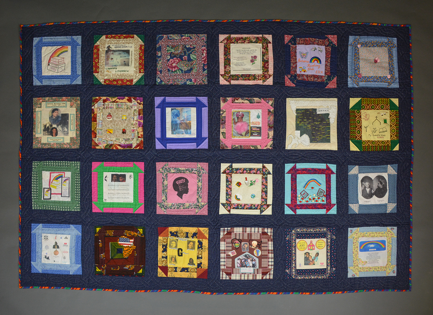 Aurora Reading Club quilt, on display in the Special Collections Gallery.