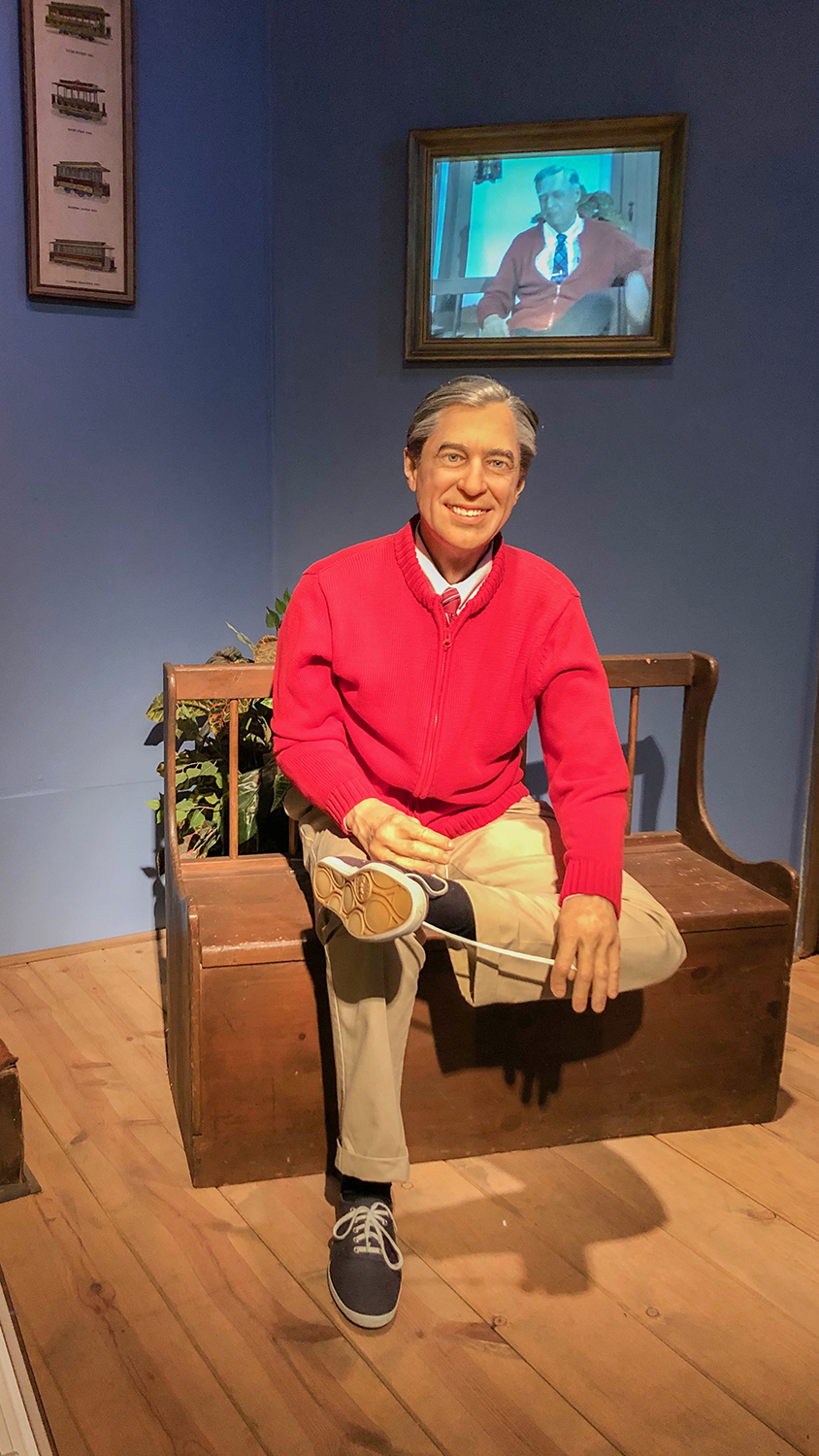 Mister Rogers' bench, on display in the Special Collections gallery.