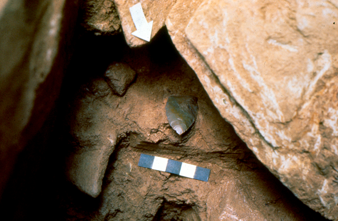 The Miller Point was excavated in 1976 between layers with radiocarbon dates of 10,850 B.C. ± 870 years and 9350 B.C. ± 700 years. Photo by J.M. Adovasio.