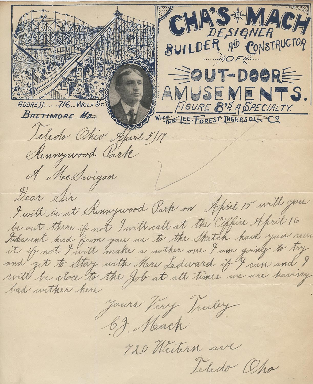 Letter from Charles Mach to Andrew McSwigan, April 5, 1917.