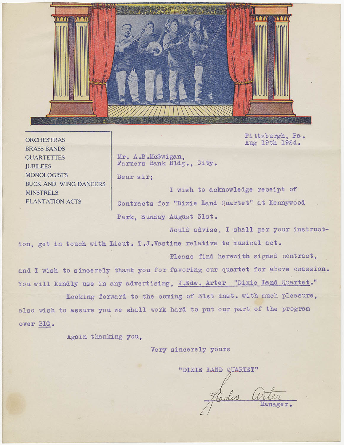 Letter from Penn Diamond Orchestra to Andrew McSwigan, Aug. 29, 1924.