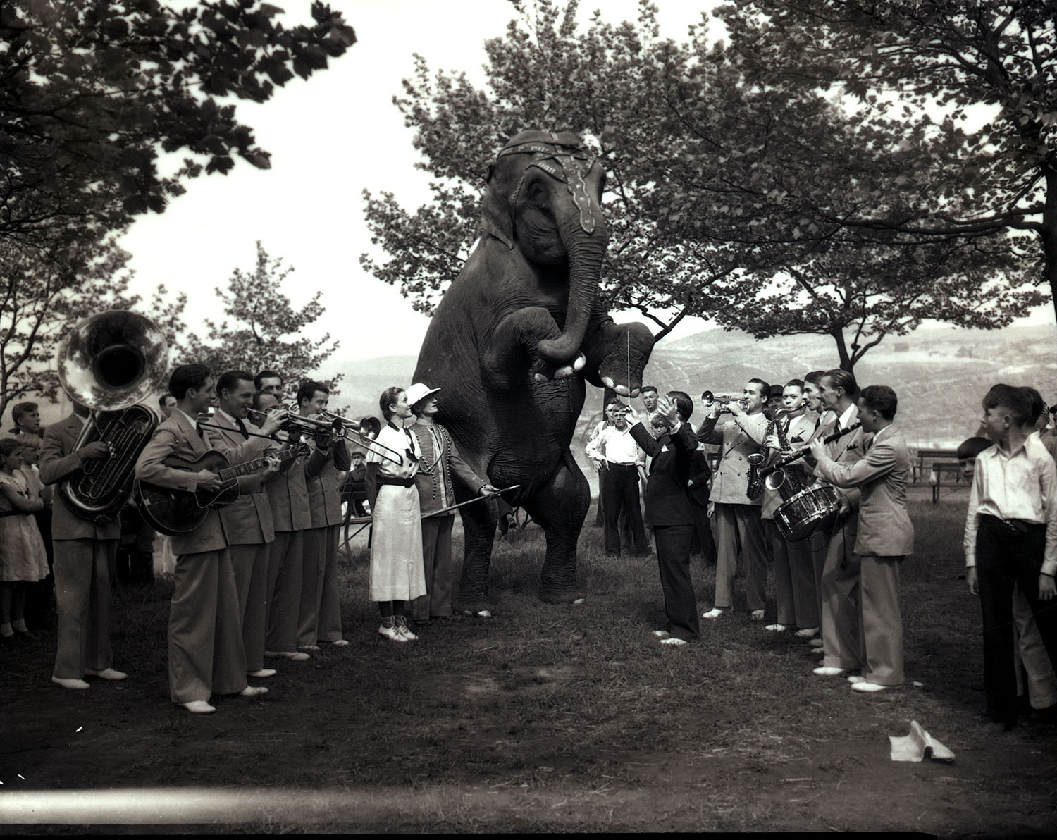 Entertainers at Kennywood Park with an elephant, 1930s.