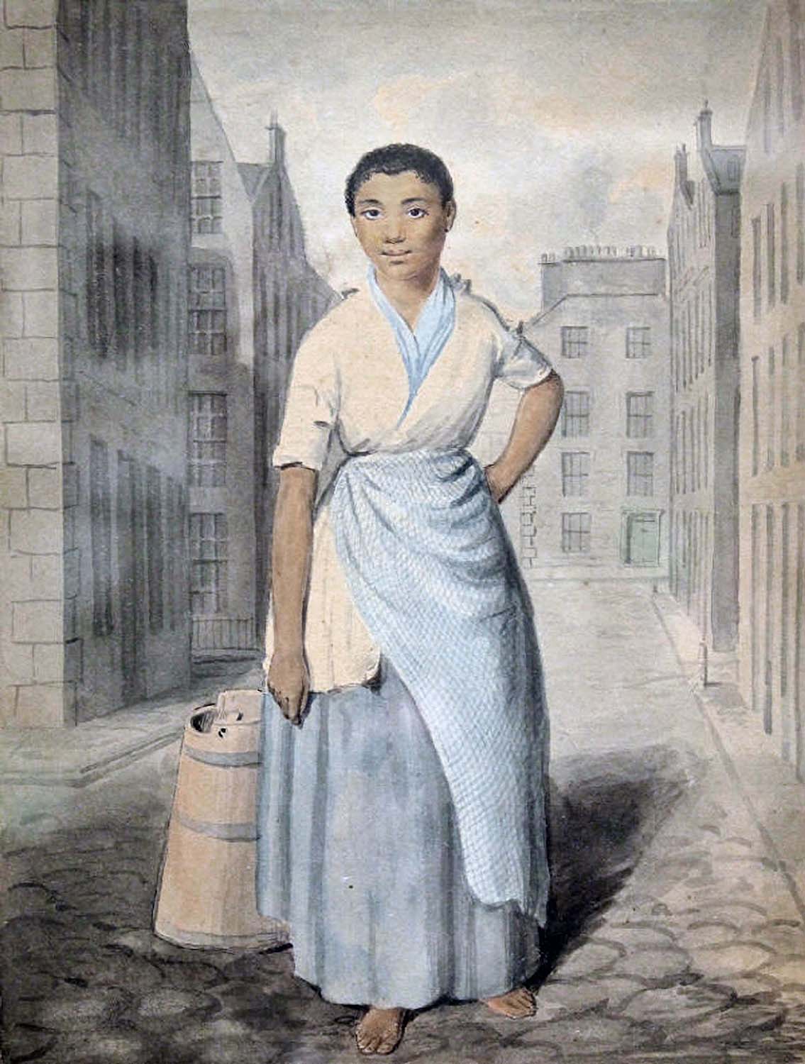 Edinburgh servant standing in a street, attributed to artist David Allan, c. 1780.