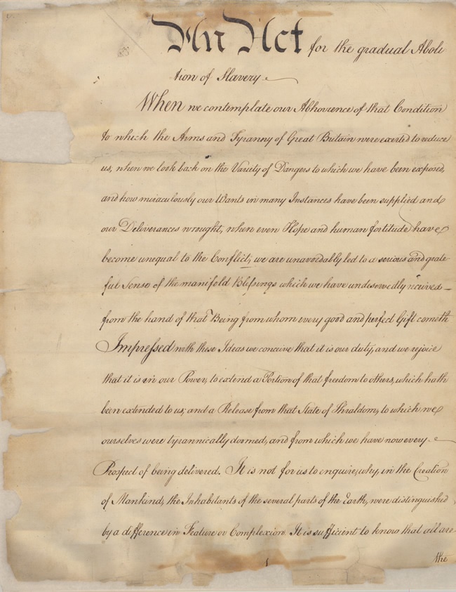 An Act for the Gradual Abolition of Slavery, 1780. Pennsylvania Historical Museum Commission, Record Group 26: Records of the Department of State, Engrossed Laws. 14 pages, 19"X15", iron gall ink on paper.