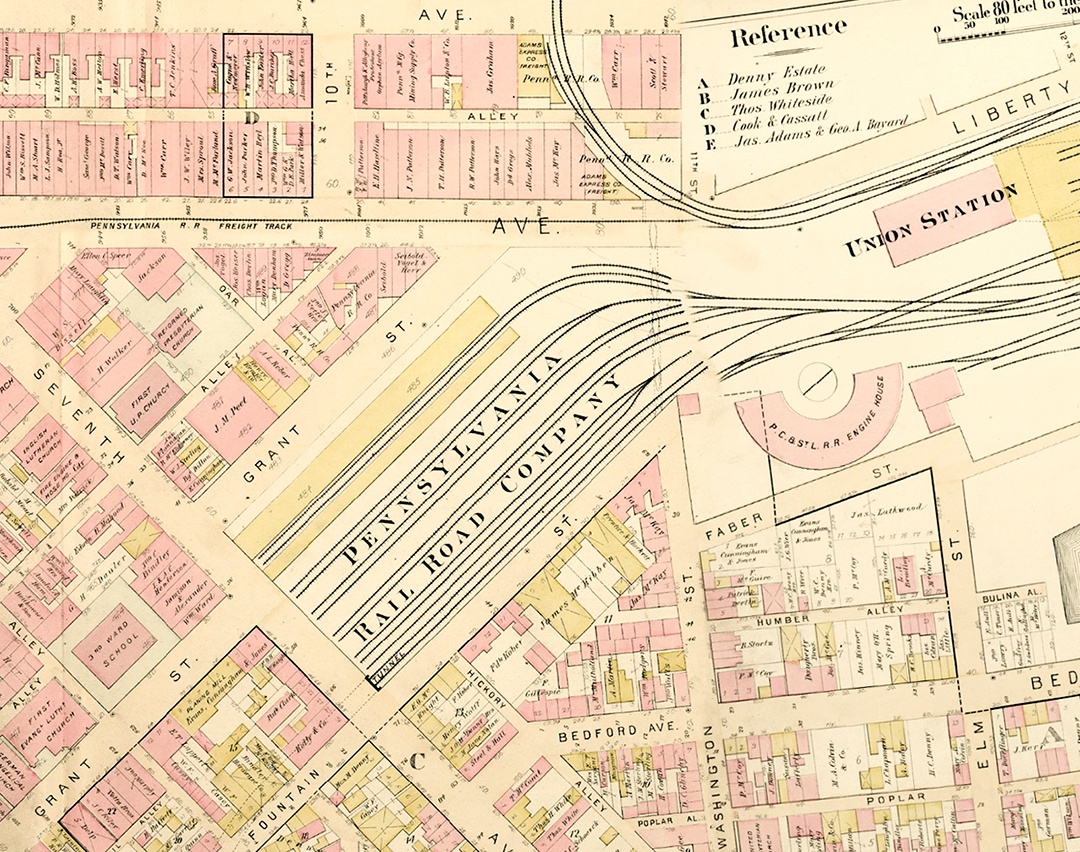 Just five years later, this 1889 map shows that rail lines have taken over Grant Street, which had to zigzag to what became New Grant Street. University of Pittsburgh, G.M. Hopkins Company Maps Collection.