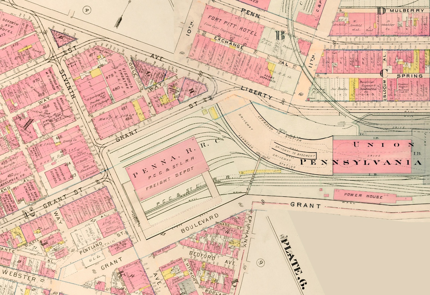 This 1914 map shows how Grant Street (lower left) was rerouted in the 1880s east of Seventh Avenue so that the Pennsylvania Railroad freight depot could be built adjacent to the passenger station.