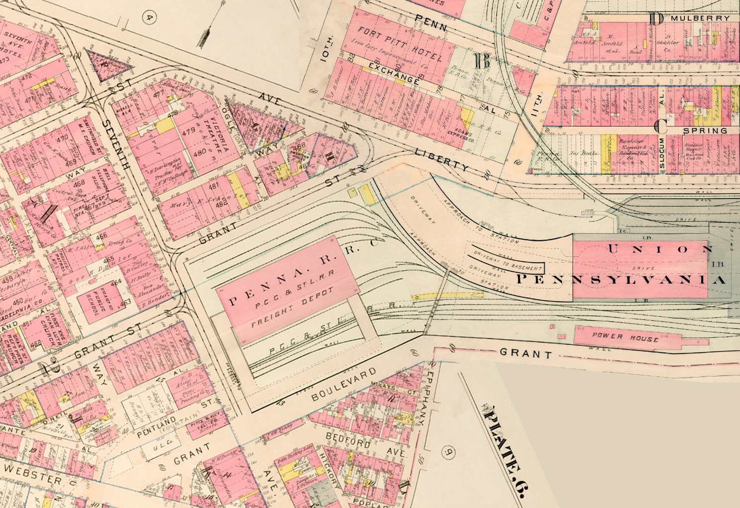 This 1914 map shows how Grant Street (lower left) was rerouted in the 1880s east of Seventh Avenue so that the Pennsylvania Railroad freight depot could be built adjacent to the passenger station. This 1914 map shows how Grant Street (lower left) was rerouted in the 1880s east of Seventh Avenue so that the Pennsylvania Railroad freight depot could be built adjacent to the passenger station.