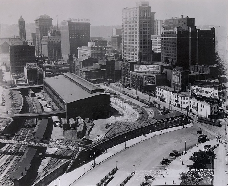 By time this photo was snapped July 14, 1925, the north portion of the freight terminal has been taken off and the rails there were being removed, as seen from the PRR station. Carnegie Library of Pittsburgh, Pennsylvania Room, BR-73.