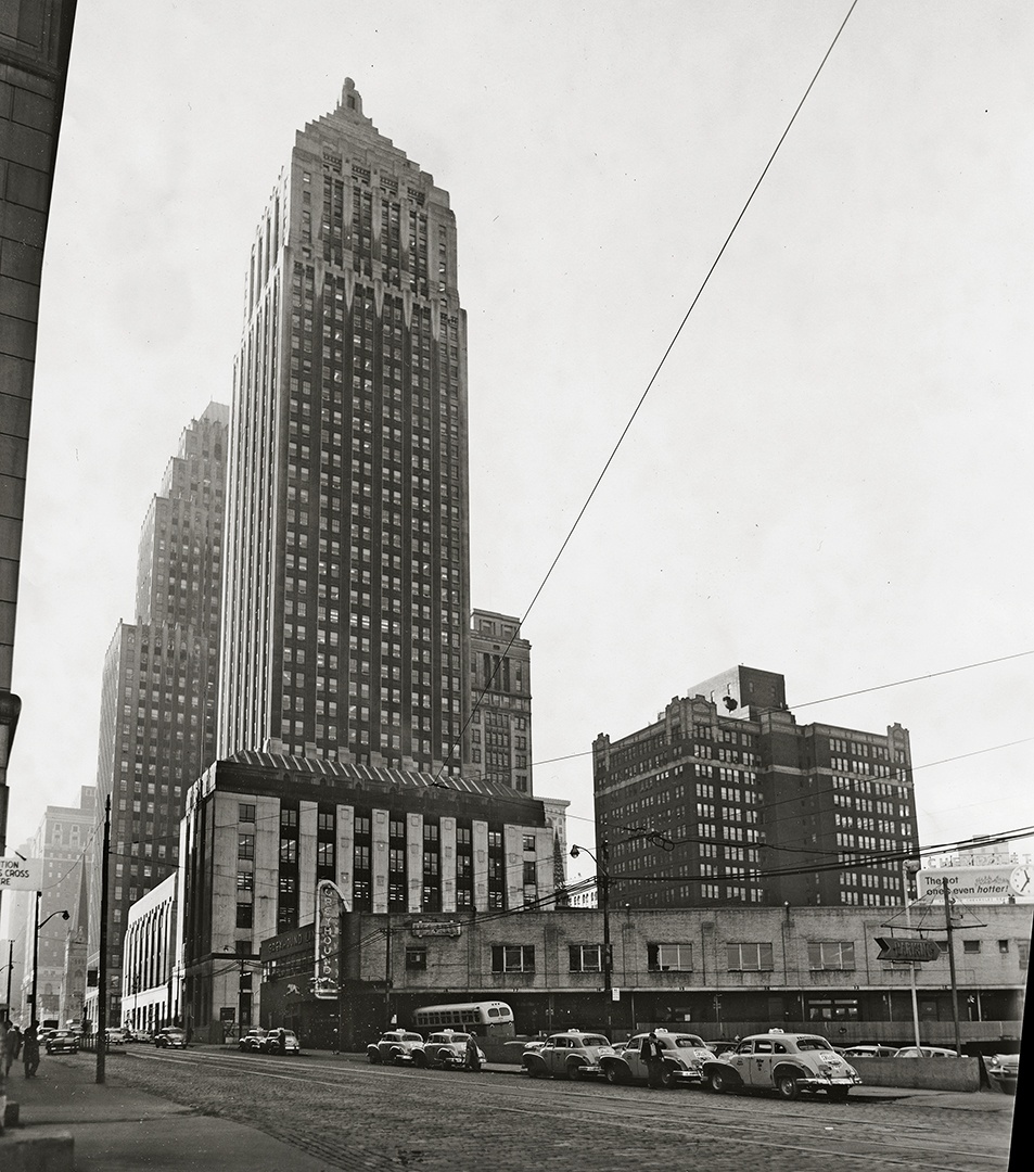 Looking west on Grant Street, mid-1950s, to the Greyhound Bus Terminal.