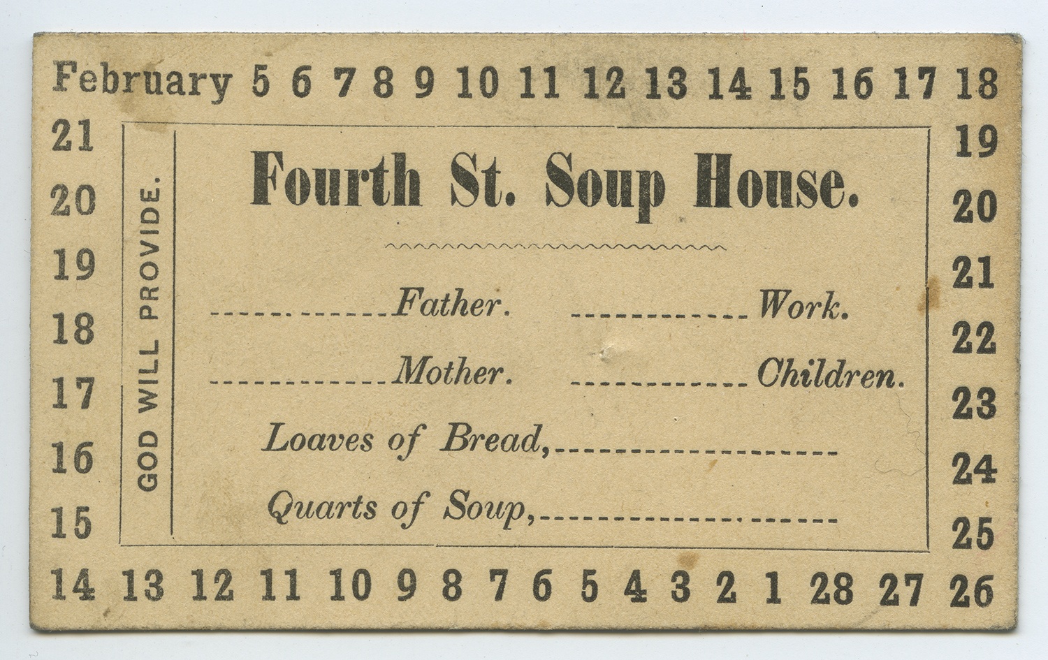 Fourth Street soup house ticket, 1855. MFF 2618, Detre Library & Archives at the History Center.
