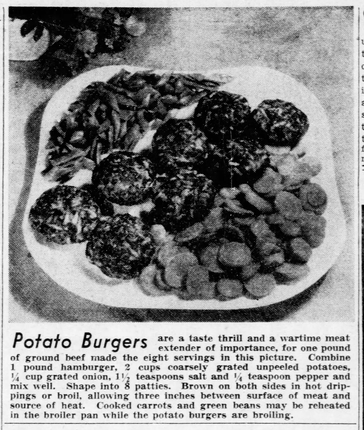 Recipe for meat-extending Potato Burgers, 1944.