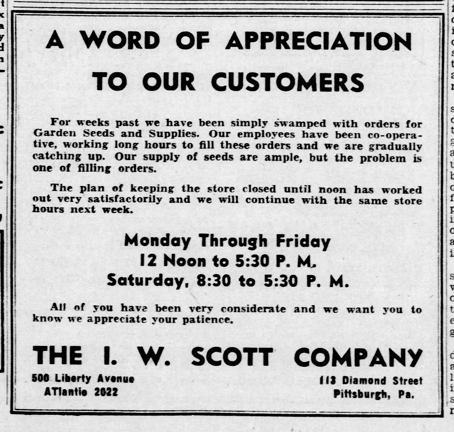 A Word of Appreciation to our Customers, advertisement, The I. W. Scott Company, Pittsburgh, April 1943.