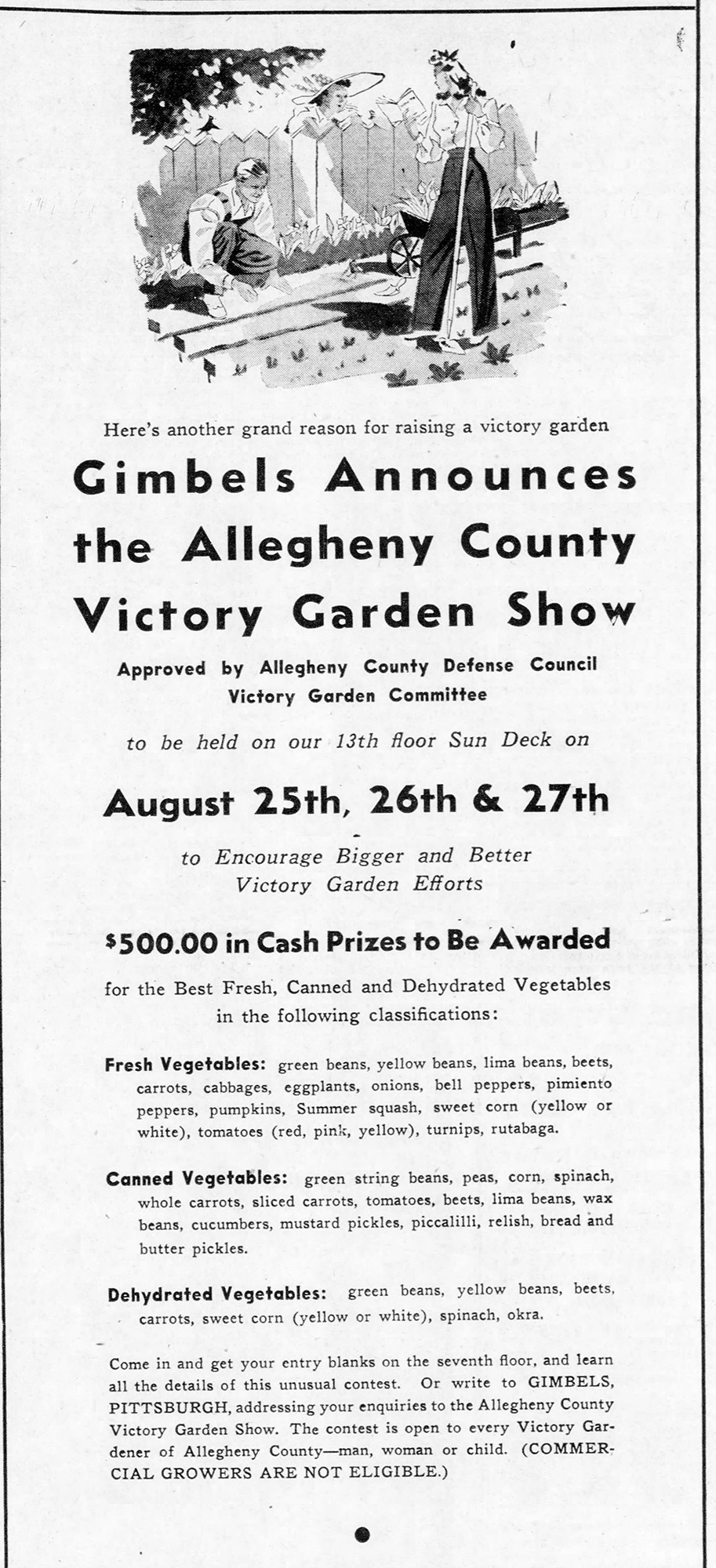 Gimbels advertisement for the Allegheny County Victory Garden Show, May 1943.