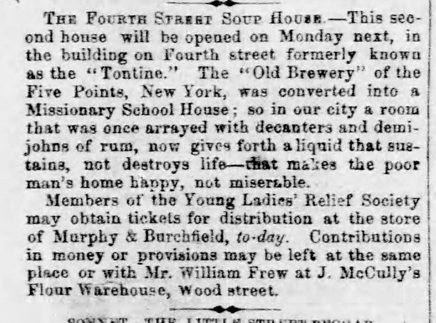 Announcement of the opening of the Fourth Street soup house. The Daily Pittsburgh Gazette, February 2, 1855.