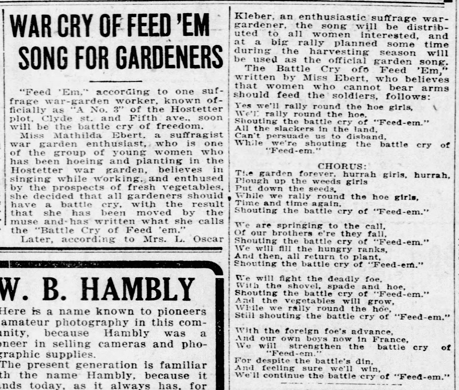 “War Cry of Feed ‘Em,” news clipping about a war-garden suffrage supporter’s “battle cry” song, set to the “Battle Cry of Freedom,” 1917.