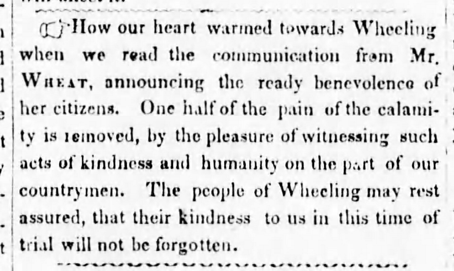 A notice thanking the citizens of Wheeling for their generosity after Pittsburgh’s Great Fire. The Pittsburgh Daily Gazette and Advertiser, April 18, 1845.