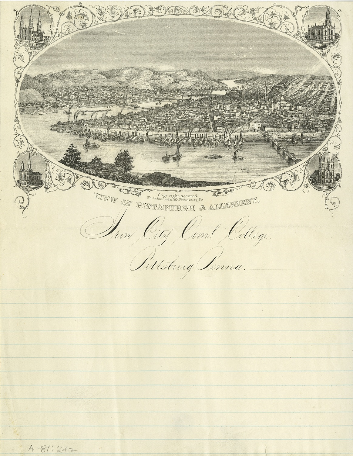 Letterhead for Iron City Commercial College, c. 1850s.