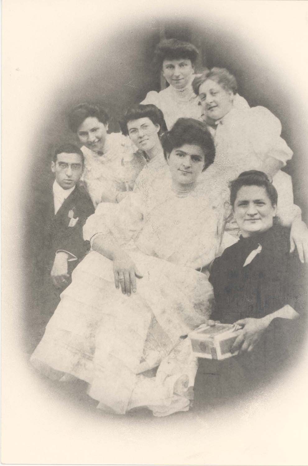 Annie Jacobs Davis is shown with a cigar box holding funds raised at a Hebrew Ladies' Hospital Aid Society event.