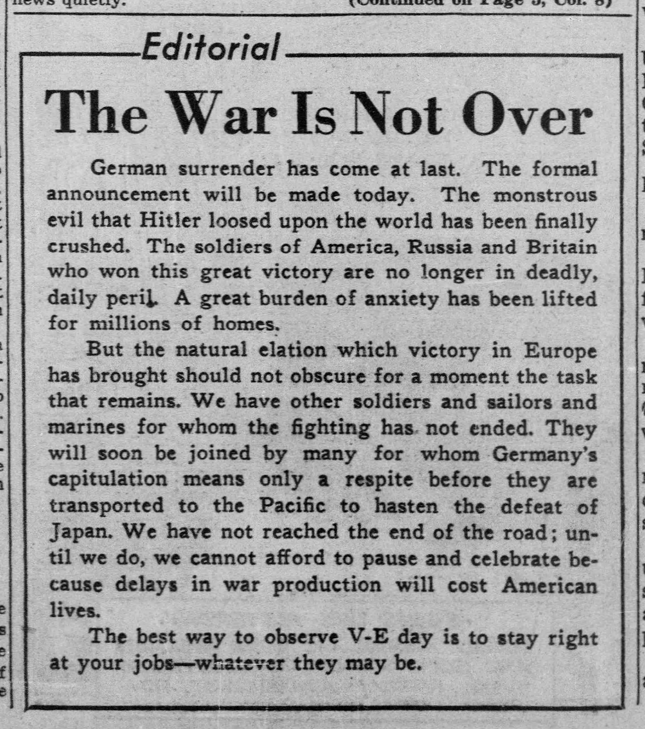 “The War is Not Over,” Pittsburgh Post-Gazette, May 8, 1945.