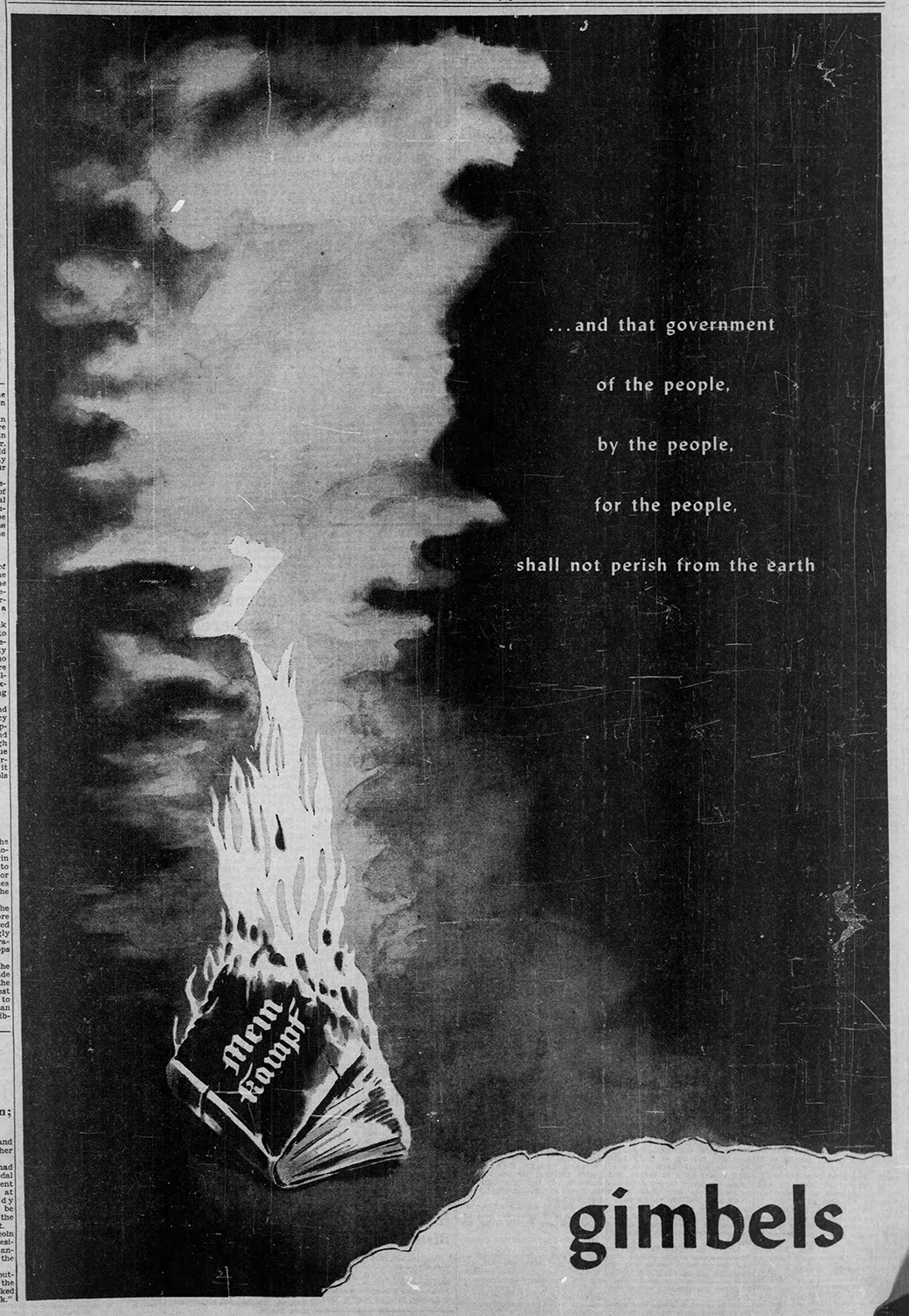 “ . . . and the government of the people, by the people, for the people, shall not perish from the earth,” Gimbels’ advertisement marking V-E Day, Pittsburgh Post-Gazette, May 8 1945.