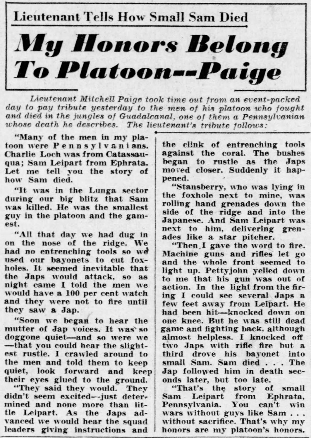 “My Honors Belong to Platoon – Paige,” Pittsburgh Post-Gazette, June 14, 1944
