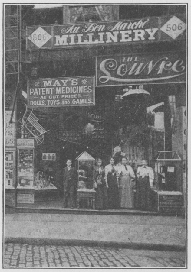 After his dry goods business went bankrupt during the Panic of 1893, Barney May started a successful drug company from a building at 506 Market St., downtown. From “The Story of Barney May, Pioneer,” by George M. P. Baird.