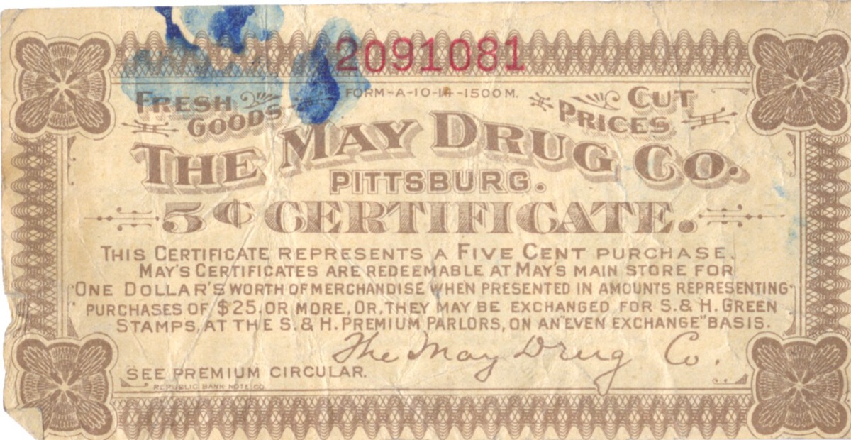 A 5-cent certificate for the May Drug Company “profit sharing plan,” showing the May Building at Fifth and Liberty Avenues, 1928. May Drug Company Coupon, MFF 1255, Rauh Jewish Archives, Detre Library & Archives at the History Center.