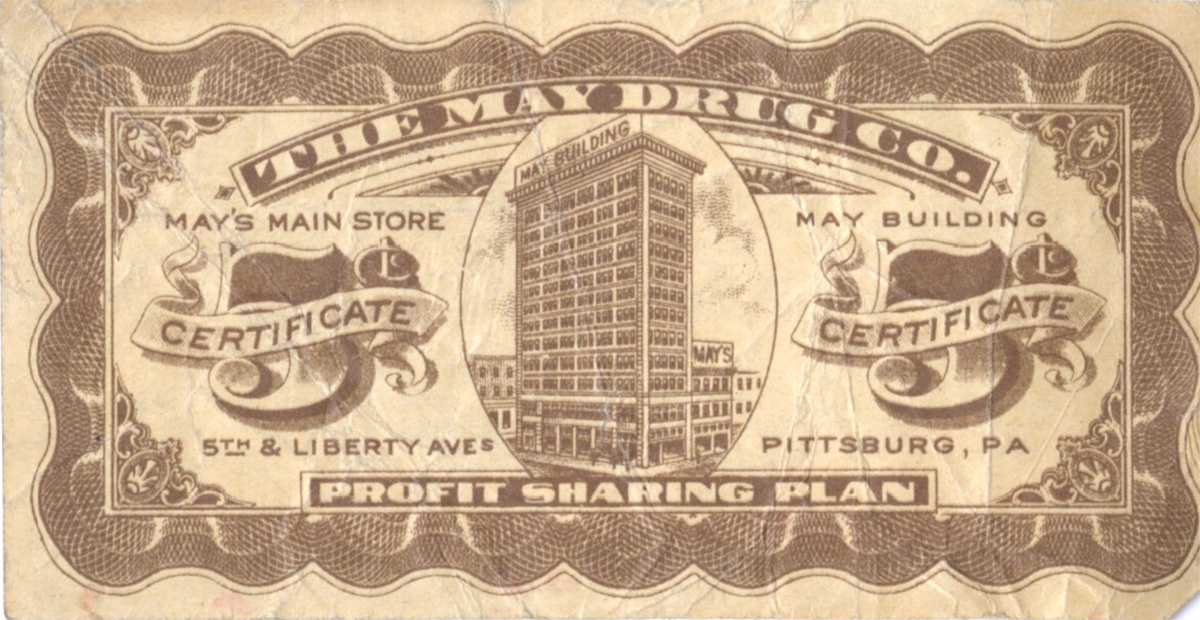 A 5-cent certificate for the May Drug Company “profit sharing plan,” showing the May Building at Fifth and Liberty Avenues, 1928. May Drug Company Coupon, MFF 1255, Rauh Jewish Archives, Detre Library & Archives at the History Center.