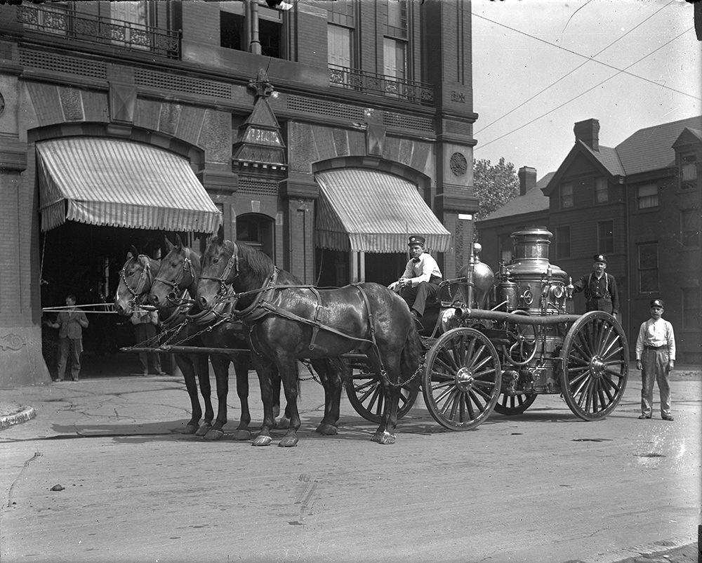 Fire fighters from Engine Company No. 47, Fulton St. and Lincoln Ave in Pittsburgh's Manchester neighborhood. c. 1910.