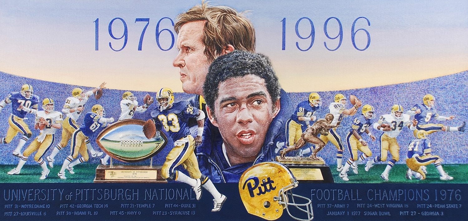 PITT National Championship, by Merv Corning, watercolor, 1996. Gift of Arthur J. Rooney, Jr. PITT National Championship, by Merv Corning, watercolor, 1996. Gift of Arthur J. Rooney, Jr.