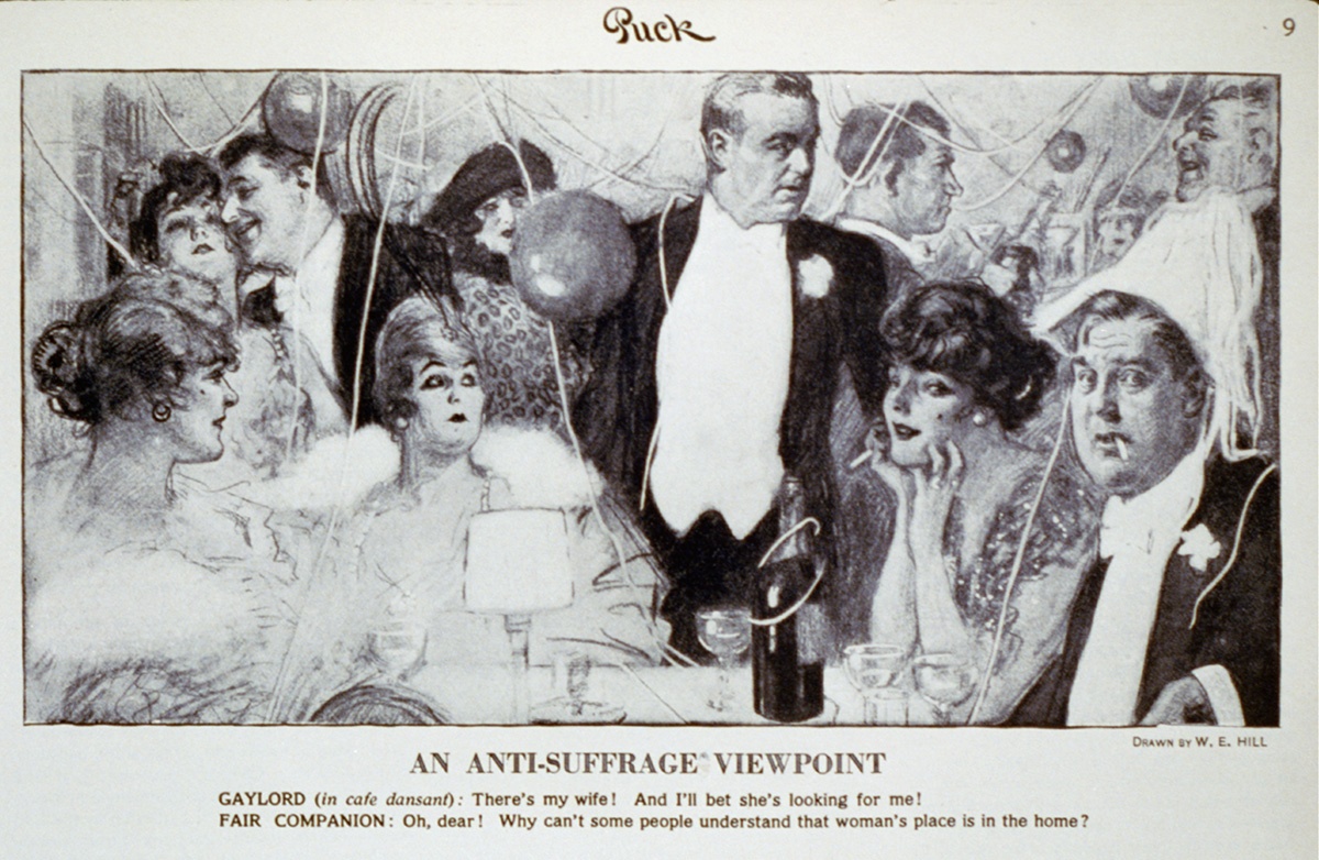 “An Anti-Suffrage Viewpoint,” by W. E. Hill, published in Puck magazine, 1915. Courtesy of the Library of Congress, Prints and Photographs Division.