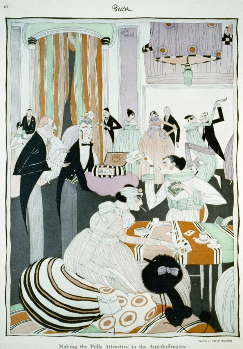 “Making the polls attractive to the anti-suffragists,” by Ralph Barton, published in Puck magazine, 1915. “Making the polls attractive to the anti-suffragists,” by Ralph Barton, published in Puck magazine, 1915.