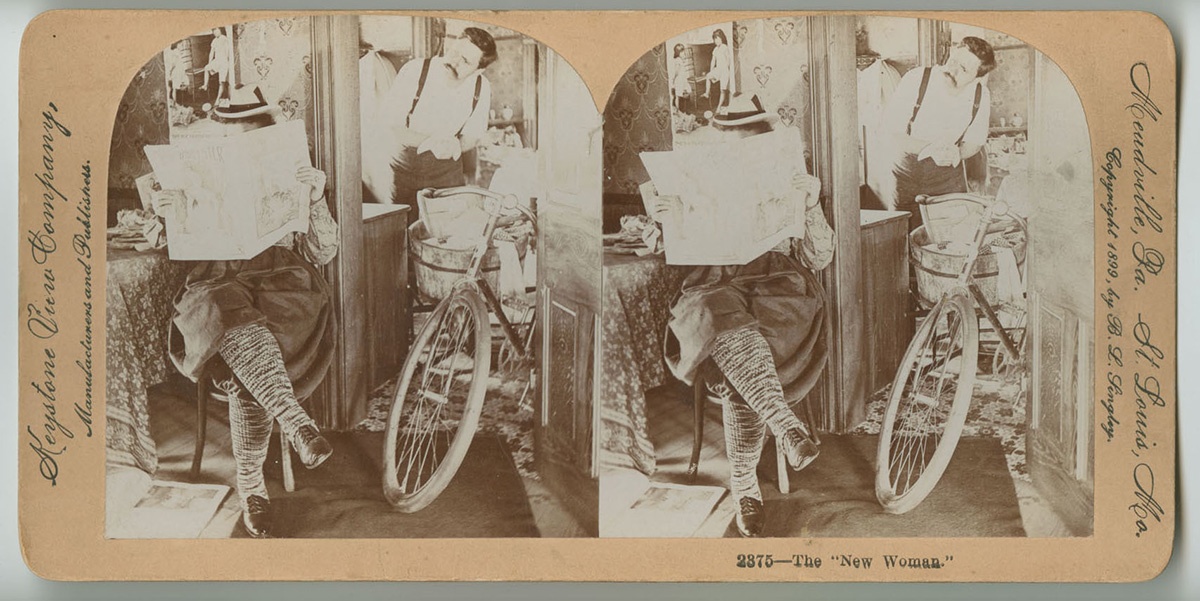 “The New Woman,” stereoview card, Keystone View Company, Meadville, Pa, c. 1899. Note the bicycle here, which like the shirtwaist, became a symbol of women’s growing calls for a more independent life. Courtesy of the Library Company of Philadelphia, Print Department.