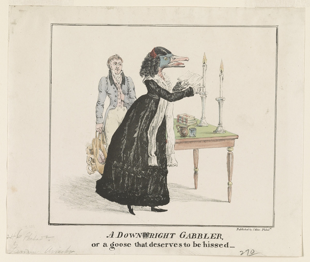 “A Downright Gabbler, or a goose that deserves to be hissed,” published by J. Akin, Philadelphia, Pa, 1829.