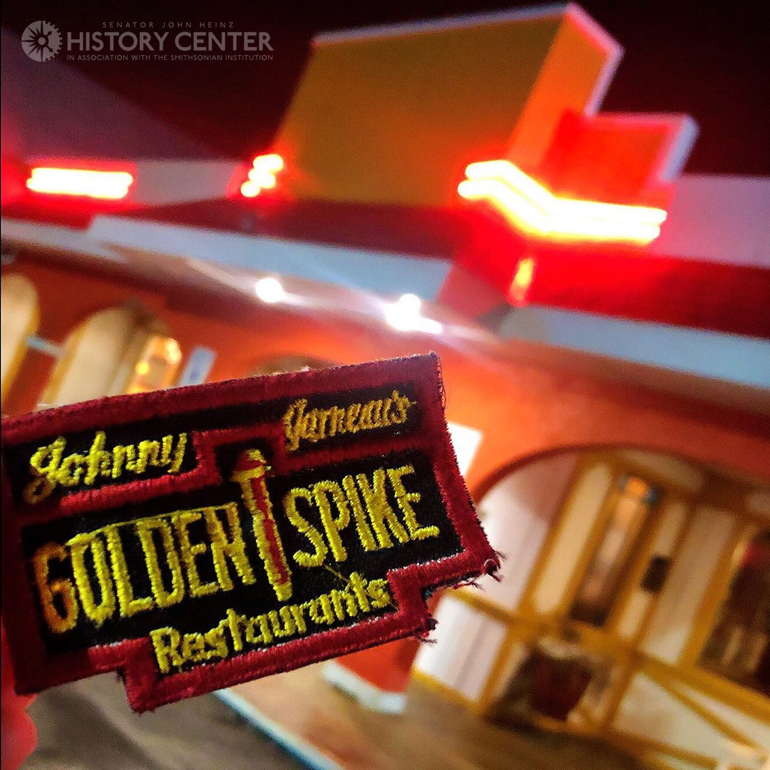 Johnny Garneau’s Golden Spike near the Pleasant Hills Cloverleaf was replaced by Tiffany Place, then Panda Palace, and now Old Mexico, where a “Golden Spike” floor inlay can still be found under the entryway carpet (the outside is seen here with an old employee uniform patch). Photo by Brian Butko.
