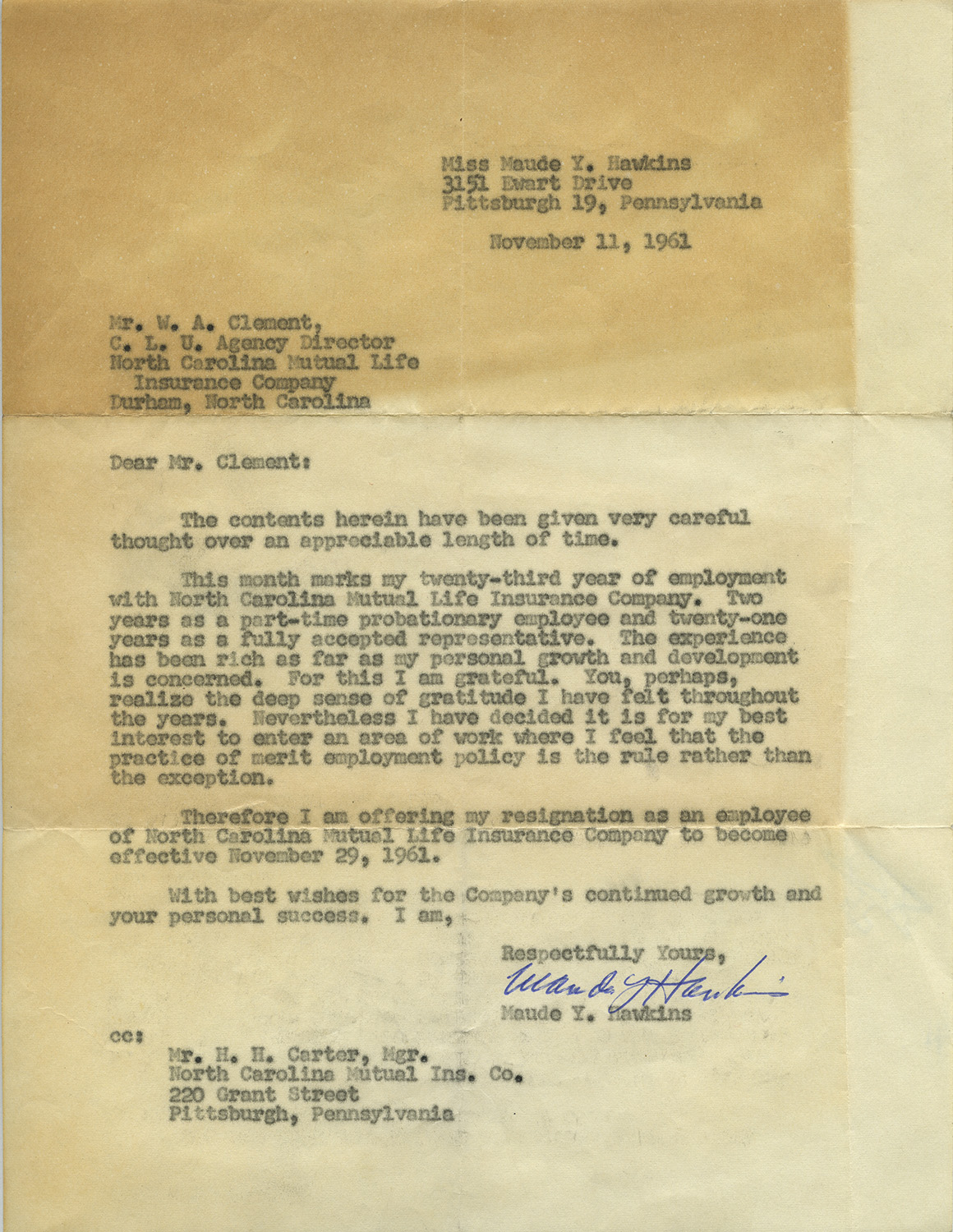 Maude Hawkins’ resignation letter from the North Carolina Mutual Life Insurance Company. Maude Y. Hawkins Papers, MSS 171, Detre Library & Archives at the History Center.