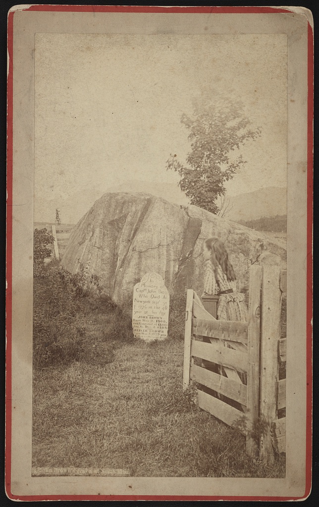 Commemorative photograph showing a little girl visiting John Brown’s grave in North Elba, NY, between 1860-1880. Such images, like the print in the exhibit, were made for commercial trade. Courtesy of the Library of Congress, Prints and Photographs Division.
