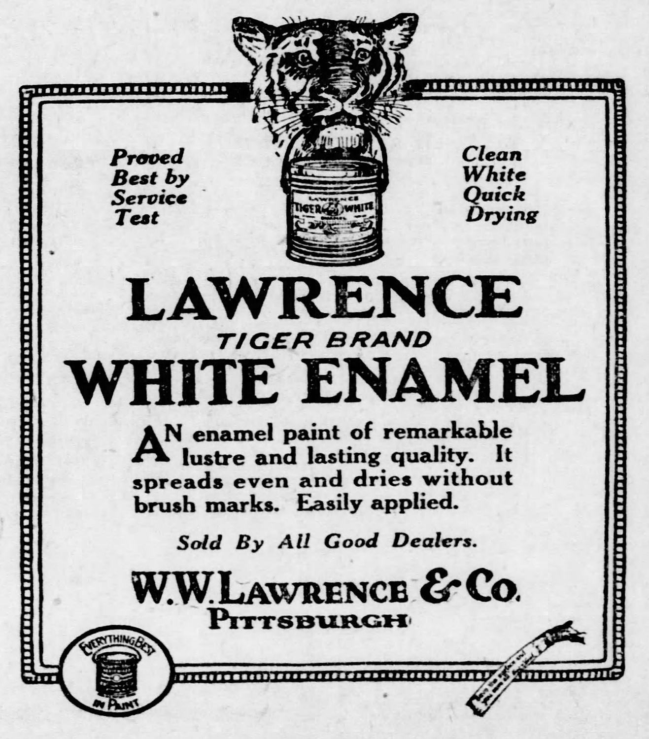 Ad using tiger imagery to reinforce the toughness of Lawrence enamel paint. Pittsburgh Post-Gazette, June 26, 1923.