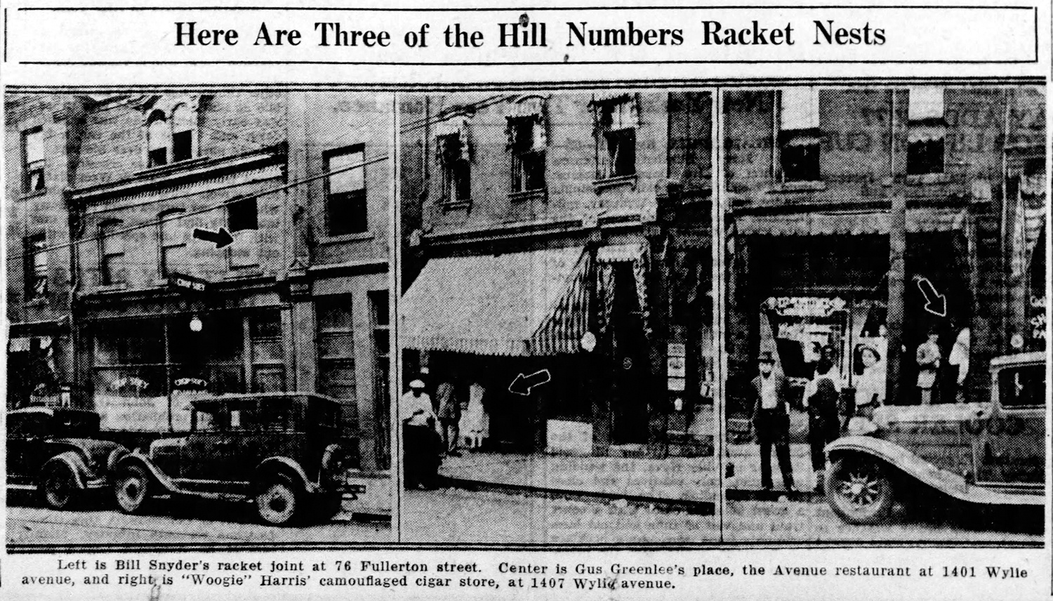 Hill District numbers racket sites. Bill Snyder’s location remained active while he was living in the Upper Hill bungalow. Pittsburgh Post-Gazette, Sept. 26, 1930.