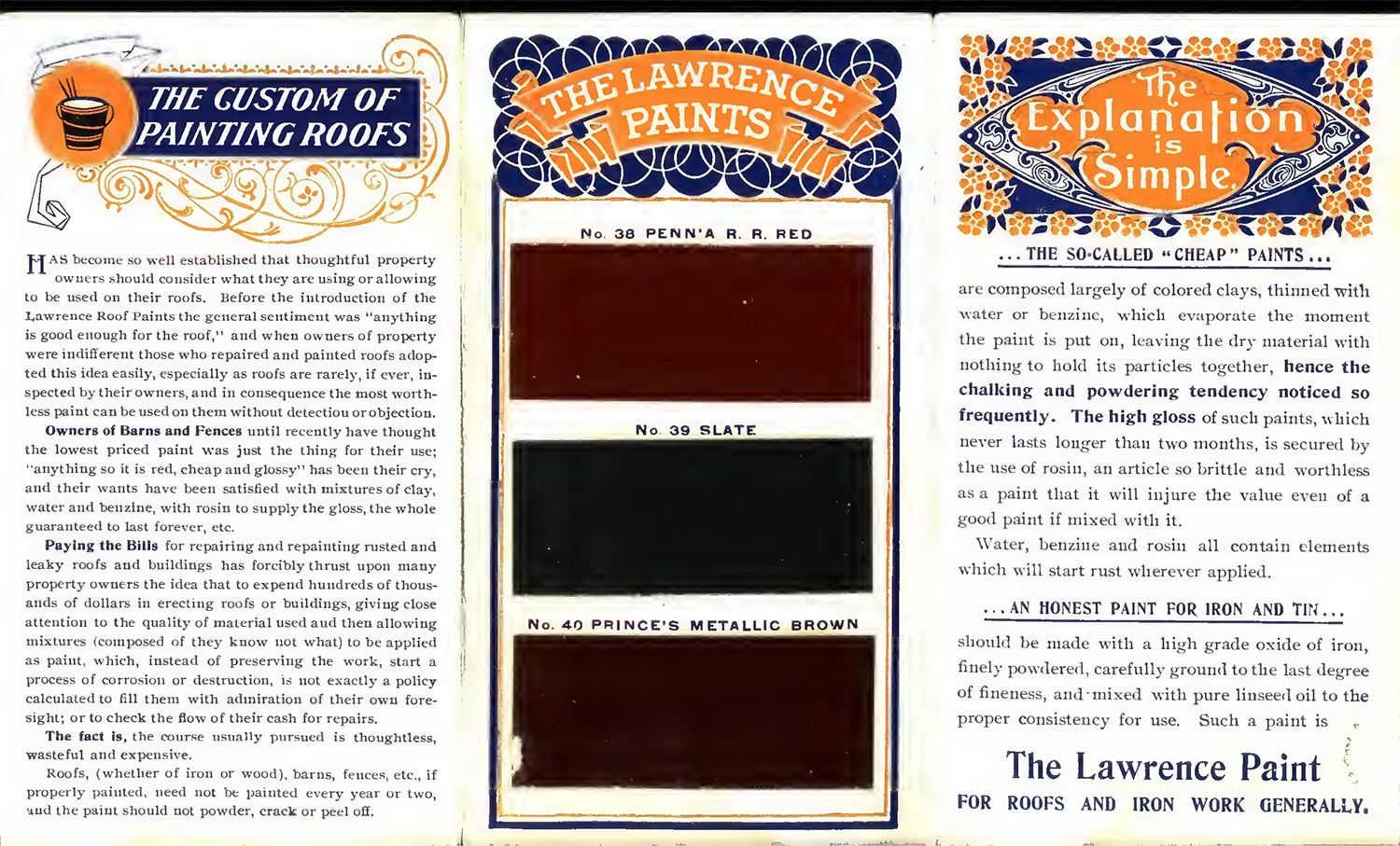 Lawrence roof and barn paint pamphlet, c. 1910. Advertisements, pamphlets, and trade catalogs are important primary sources to document past design and construction practices and can aid in the preservation of older structures. Building Technology Heritage Library.