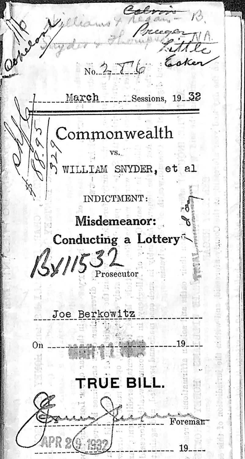 Bill Snyder was indicted in March 1932, along with three others, for conducting a lottery out of 1420 Wylie Ave. Allegheny County Criminal Courts, Case No. 286, March 1932 Session.