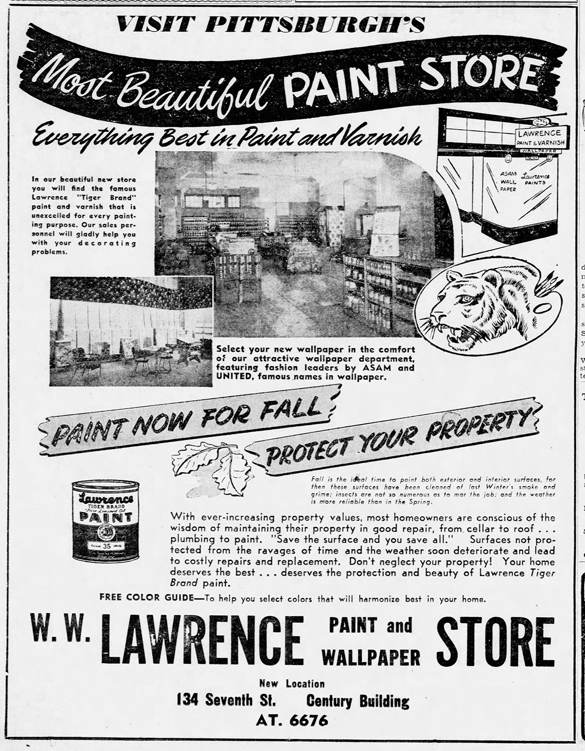Advertisement with interior views of the W.W. Lawrence paint and wallpaper store that was located downtown in the Century Building. The Pittsburgh Press, September 21, 1947.