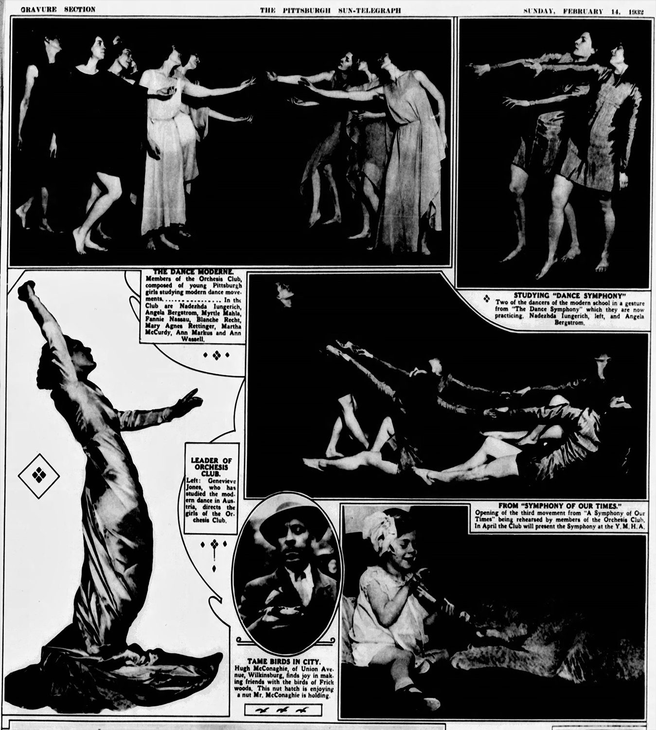 This photo spread from 1932 featured multiple images of the members of Orchesis practicing modern dance. Pittsburgh Sun-Telegraph, February 14, 1932.