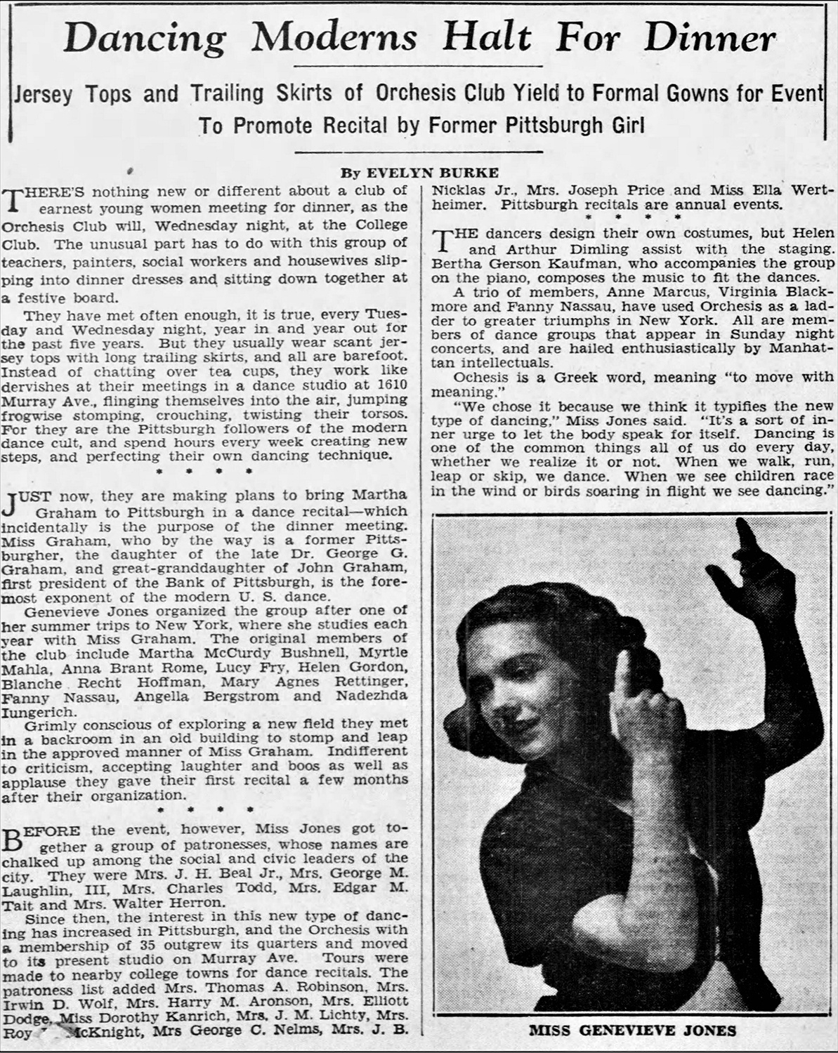 Press photo of Pittsburgh’s Genevieve Jones, who became known as the woman who introduced Pittsburgh to modern dance. The Pittsburgh Press, October 11, 1936.