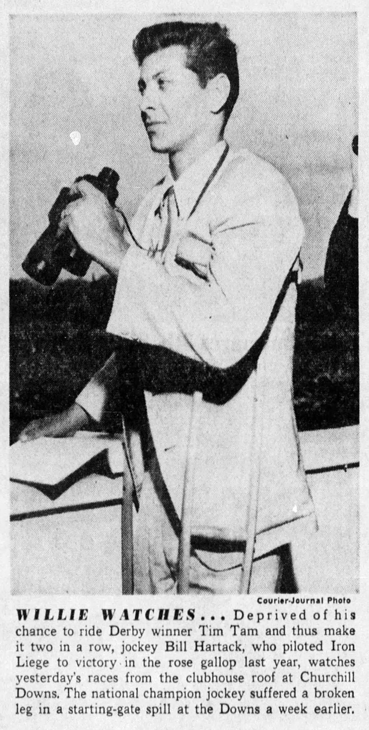 “Willie Watches.” Bill Hartack views the Kentucky Derby from the roof of Churchill Downs. From The Courier Journal Sun (Louisville, KY), May 4, 1958.