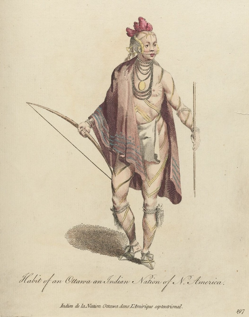 "Habit of an Ottawa an Indian Nation of N. America". From A collection of the dresses of different nations, antient and modern, particularly old English dresses, Vol 4: Plate 197. HEW 14.7.6, Houghton Library, Harvard University.