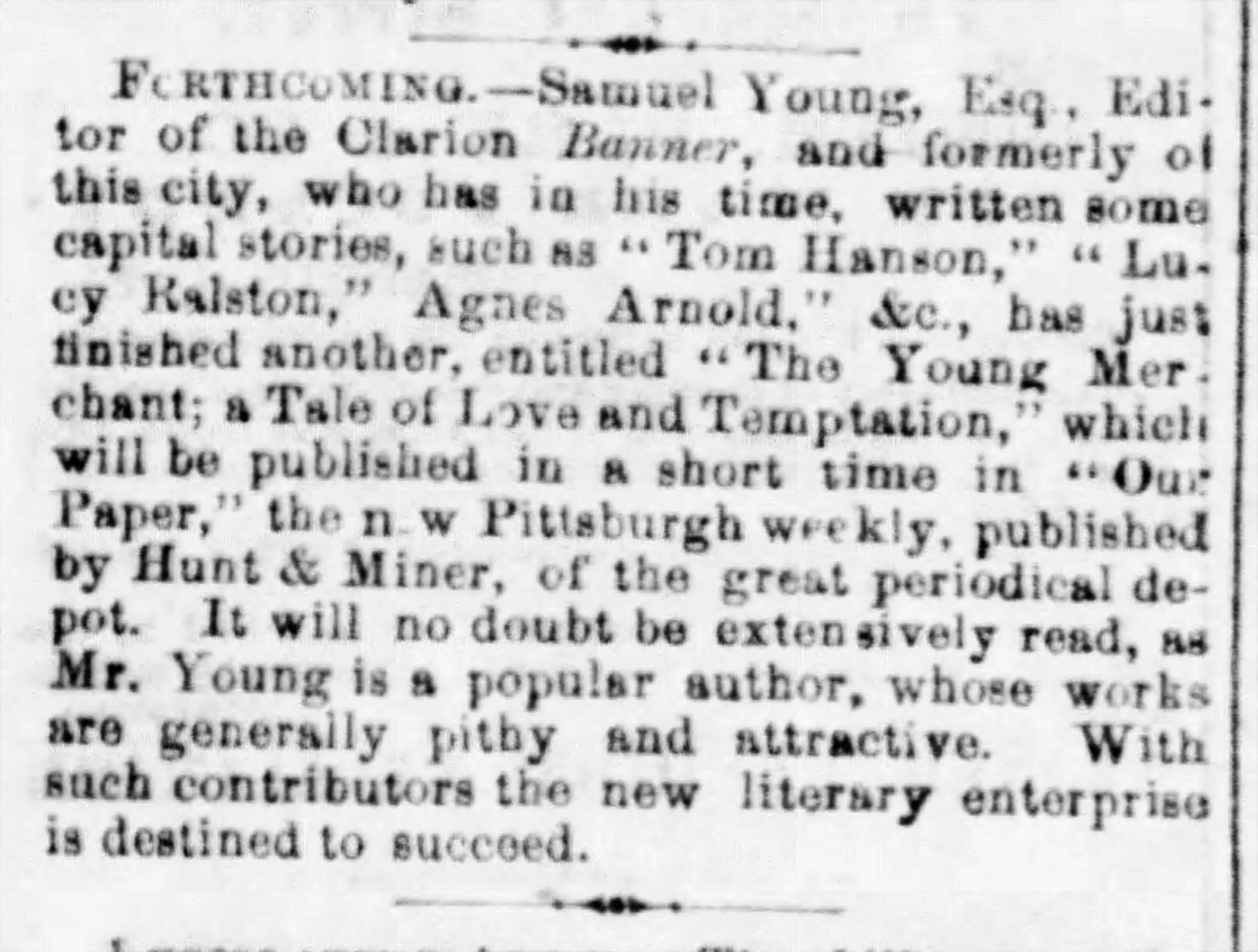 Newspaper notice of an upcoming story by Sam Young, 1861. Pittsburgh Daily Post, March 30, 1861.