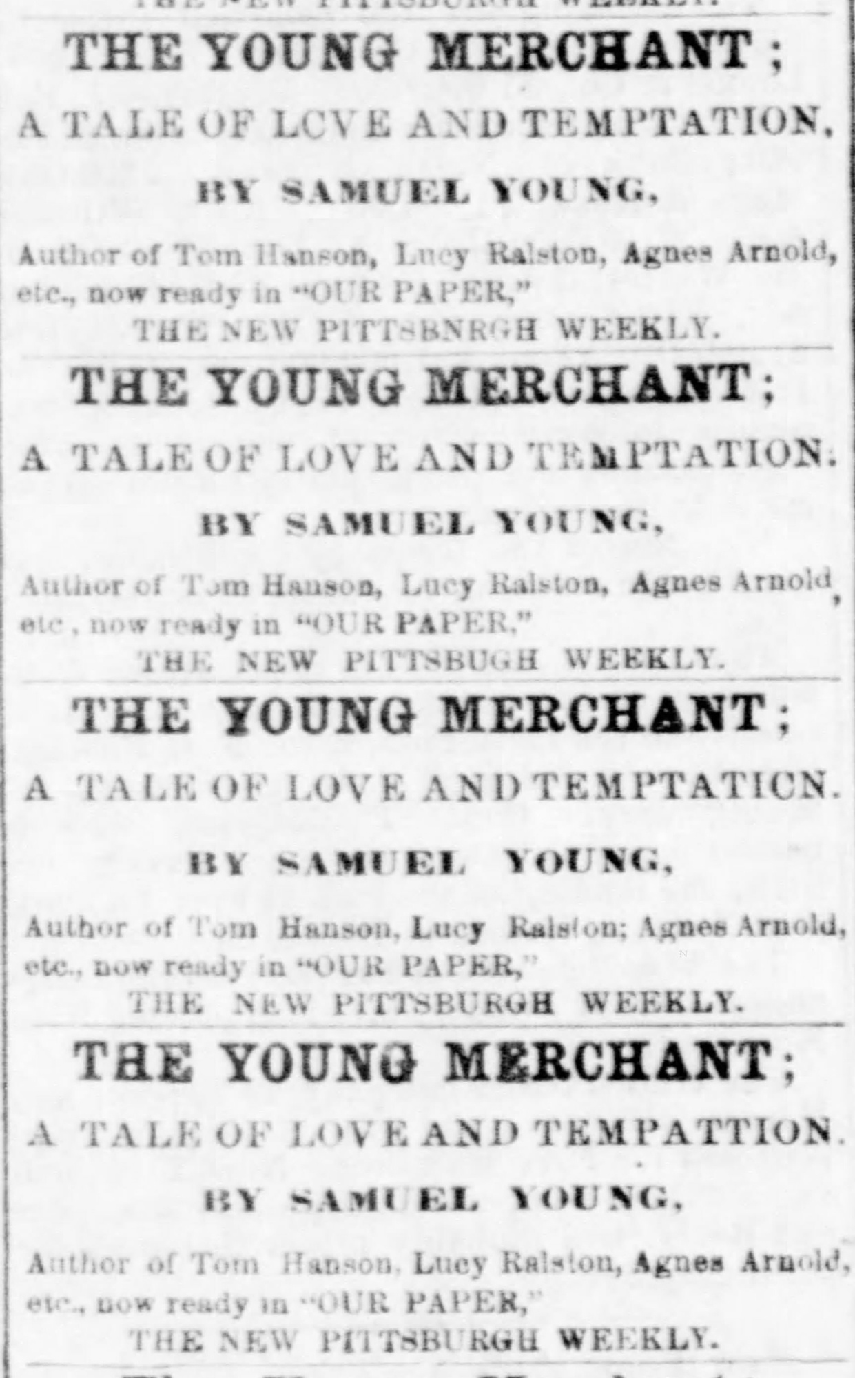 Column announcement of more Sam Young stories, 1861. Pittsburgh Daily Post, April 4, 1861.